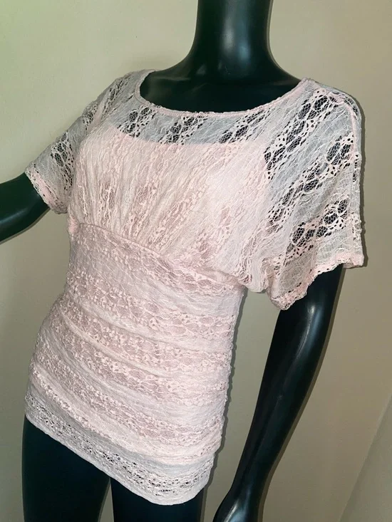 HeartSoul Y2K Darling Blush Pink Lace Short Sleeve Blouse - Picture 3 of 14